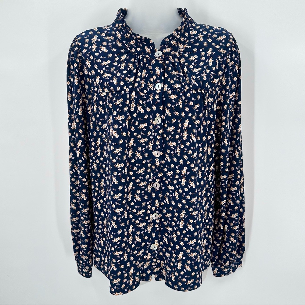 Kaleigh Top Womens XL Navy Blue Floral ORION Full Button Knit Blouse L/S NWT